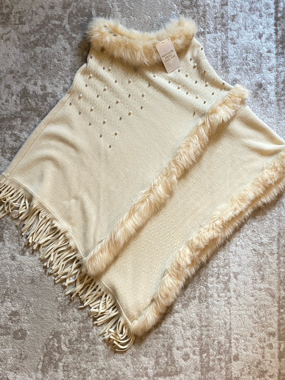 NWT Northern Angel Cream Faux-Fur Stud Pearl Accents Fringe Cape Poncho Sweater